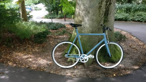 Dit is mijn liefje, de kadet blauwe BLB Viper met een witte Shroom flipflop wielenset. Een BLB riser stuur en ook een track crankstel van BLB met 48 tanden en een freewheel met 16 tandjes. Deze is om te wisselen met een fixed tandwiel met 15 tandjes .